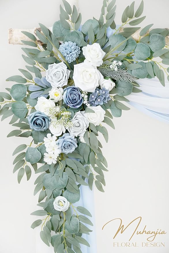 Artificial Arch Flowers Kit(Pack of 4),2Pcs Artificial Flower Arch Decor, 2Pcs Drapes, Ceremony and Reception Background Rose Decoration, Grayish Blue Floral Outdoor Party Decor