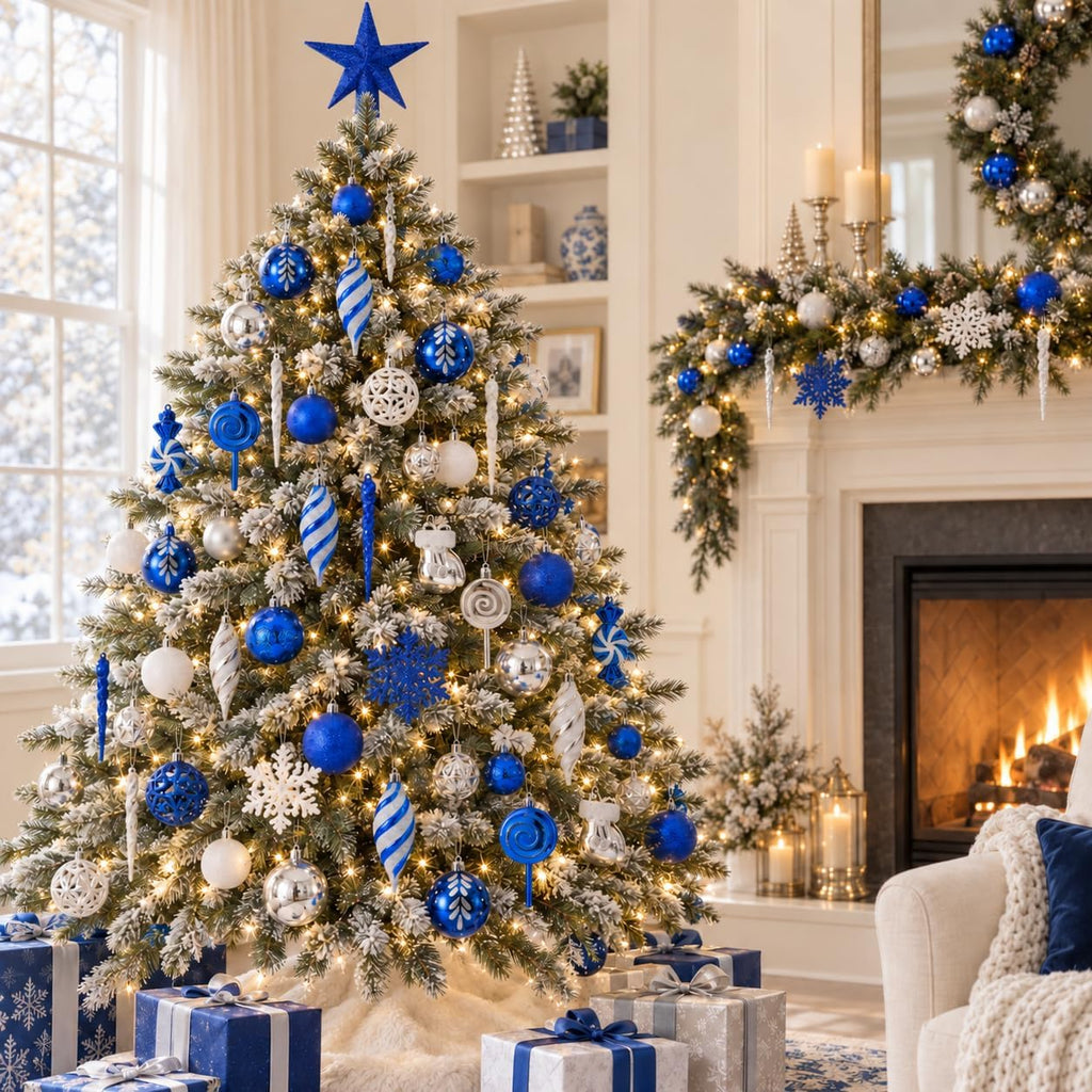 blue, silver & white christmas ball ornaments, shatterproof shown in use