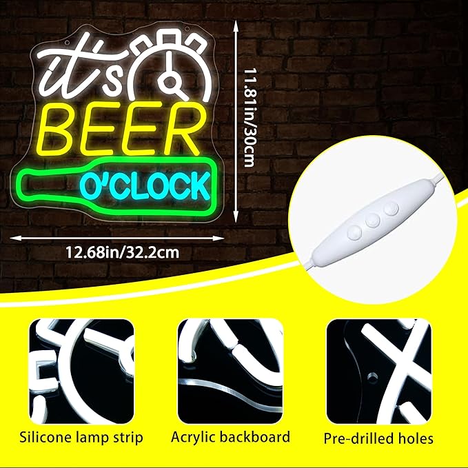 Its Beer O’Clock Neon Sign for Wall Decor Beer Neon Light for Man Cave Dimmable LED Light for Bar Pub Party Restaurant Christmas Birthday Gift Art Size 12.6 * 11.8In (WZCP164)