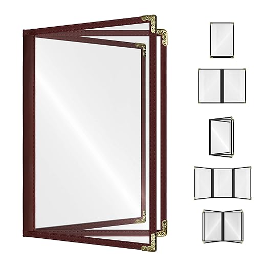 Goodsmart Restaurant Menu Covers – 25 Pack Burgundy 6-View Booklet 8.5" x 14", Side-Loading Vinyl & Plastic Menu Holders, Clear Menu Sleeves, Leather-Style Café Covers with Gold Corners
