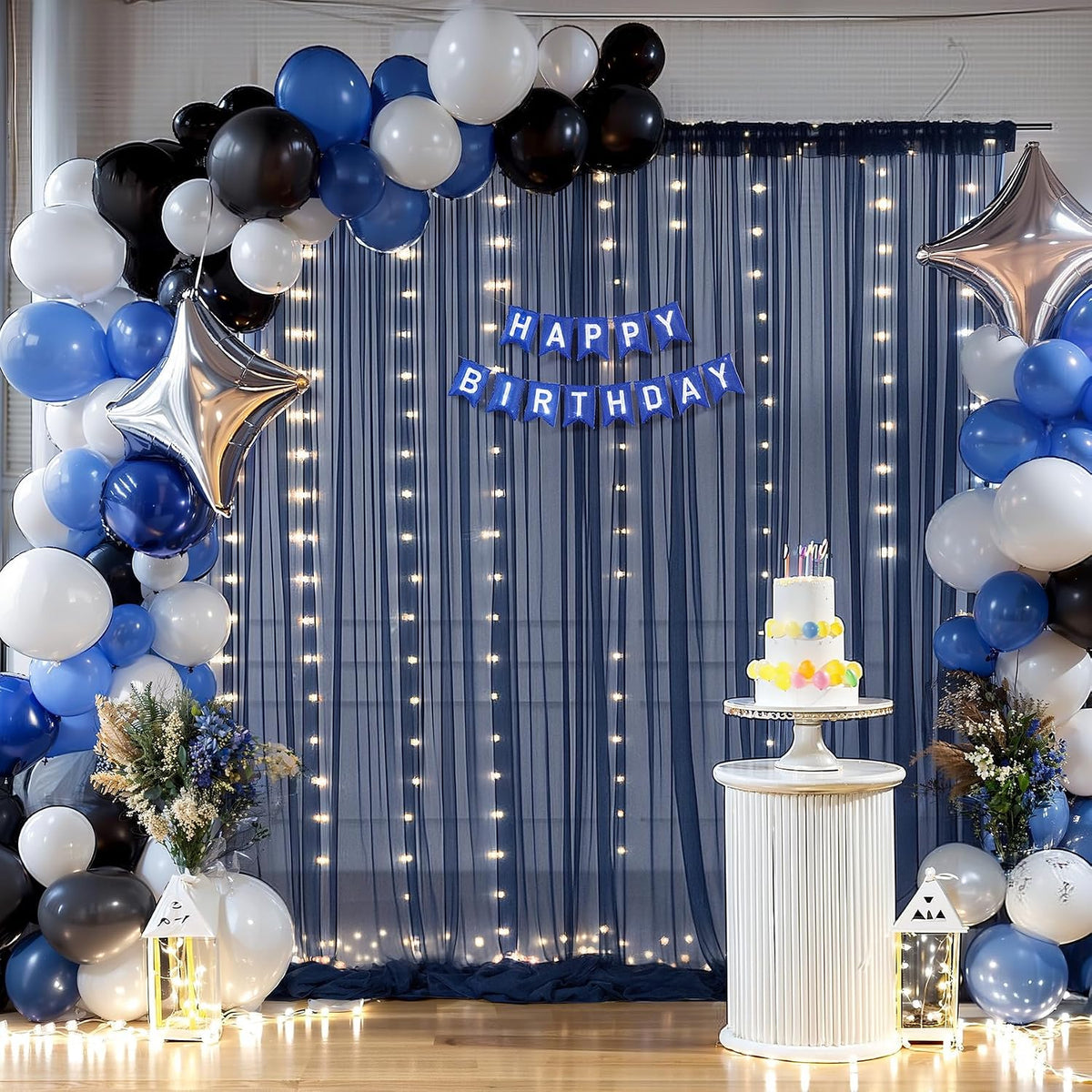 30×10ft navy blue tulle backdrop curtain with lights, front angle view