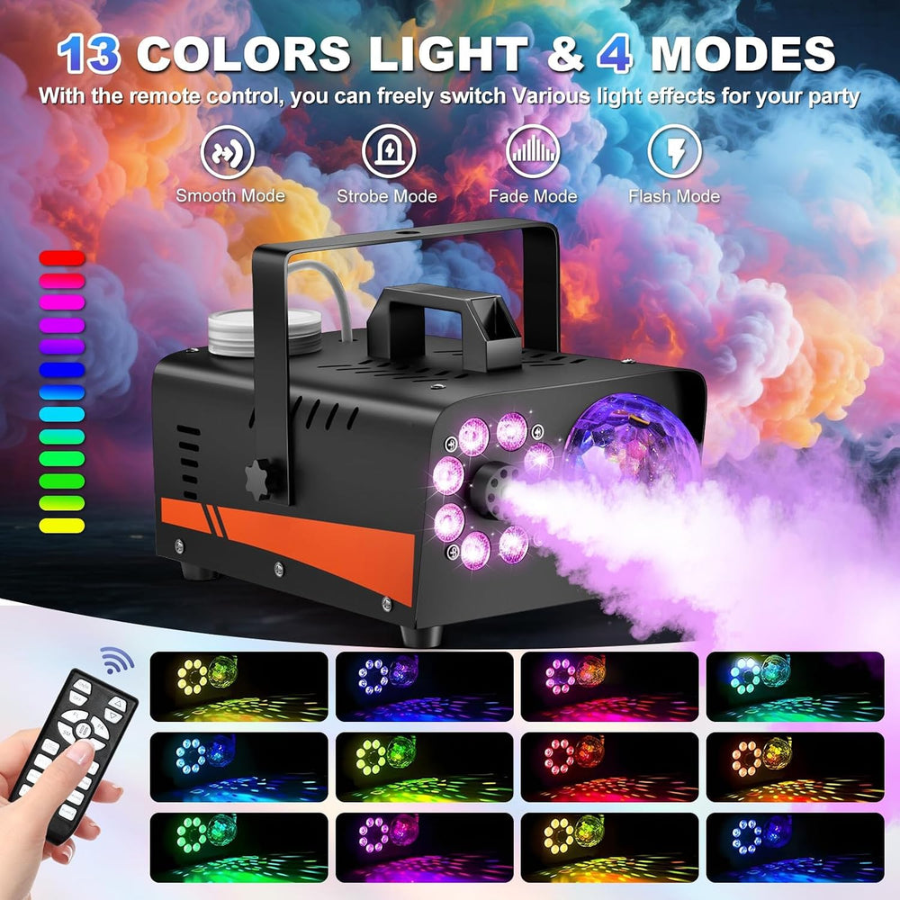 800W Fog Machine, 4500CFM for Halloween, Disco Light & Remote