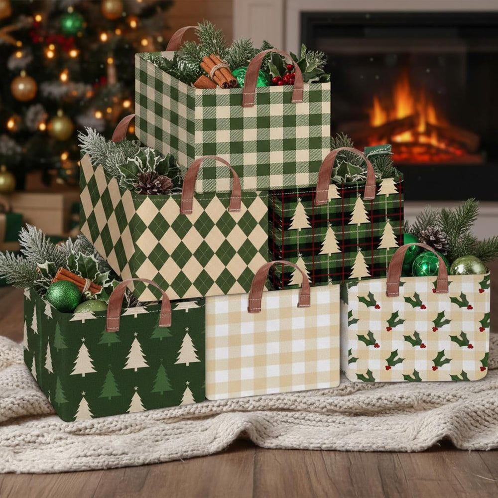 Boao 6 Pack Vintage Plaid Christmas Storage Baskets for Gifts Empty