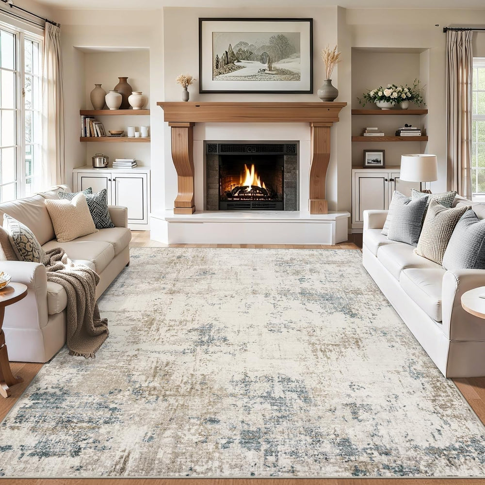 8x10 Area Rug Living Room: Modern Abstract Washable Carpet Beige
