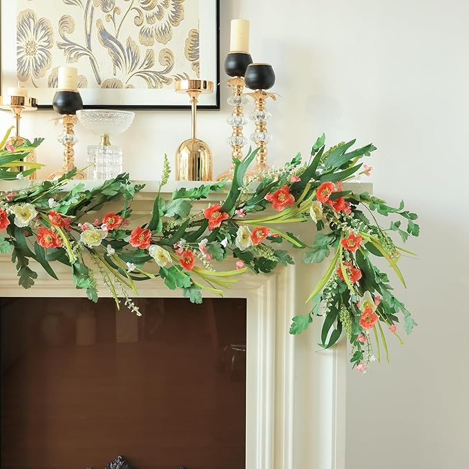 Mizii Red Artificial Flower Garland 6FT Fake Poppy Floral Garland Hanging Vines Spring Summer Flowers Decorations for Mantle Table Centerpieces Room Wall Fireplace Wedding Decor (Red)