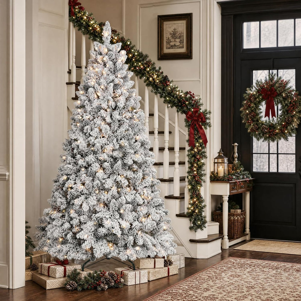 7FT Prelit Flocked Christmas Tree with Pine Cone, Premium Artificial Christma...