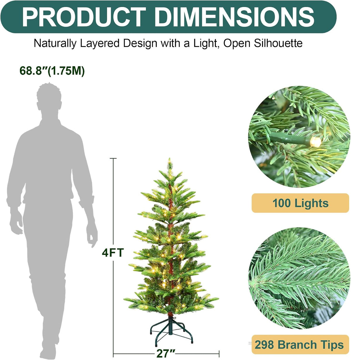 4FT Prelit Artificial Christmas Tree,Sparse Aspen Fir Christmas Tree with 100 Warm White Lights & 298 Branch Tips, PE & PVC Pre Lit Hinged Xmas Trees with Metal Base for Party, Holiday Decoration