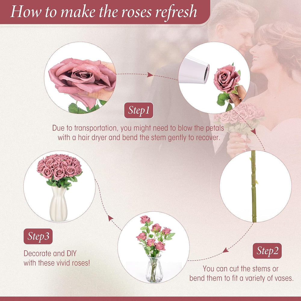 Hotop 40 Pcs Artificial Roses Bulk, Long Stem Fake Flowers, Dusty