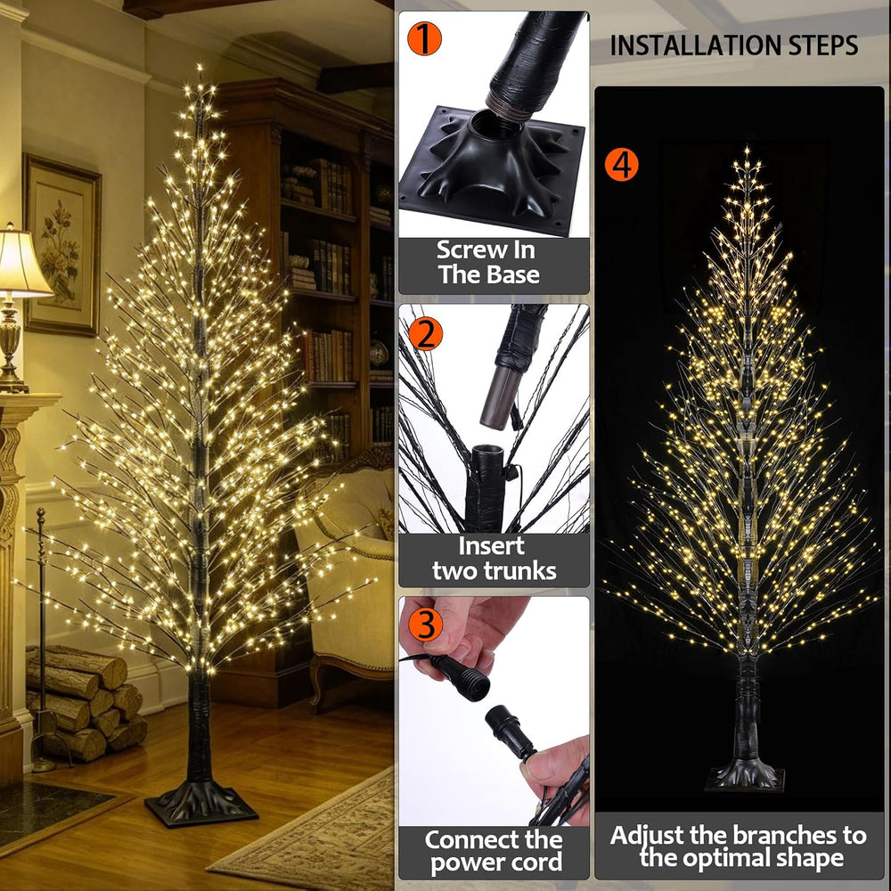 7FT Lighted Black Tree with LED Lights, Prelit Lighted Halloween Tree with Re...