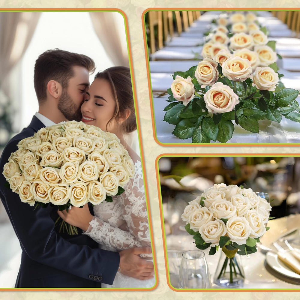 50PCS Artificial Champagne Roses Bulk Realistic Fake Flowers with Long Stem