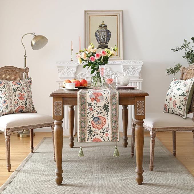 ISAENNE Designer Vintage Linen Table Runner 102 Inches Long,Elegant Floral Pattern Wrinkle Resistant Table Runners for Dining Tables,Thanksgiving,Kitchen Tables,Christmas,12"*102"-Daffy B