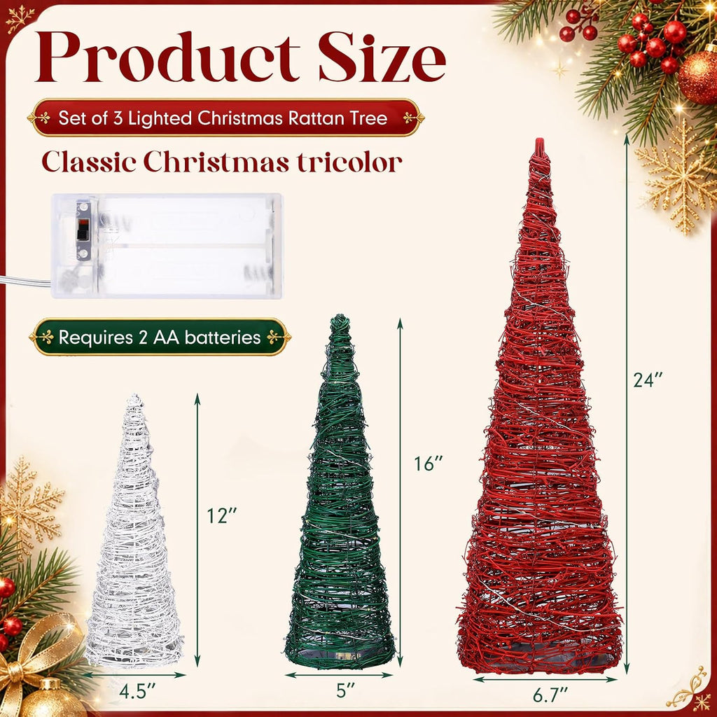 Jenaai 3 Pcs Lighted Christmas Rattan Table Tree Centerpiece, 24/16/12 in