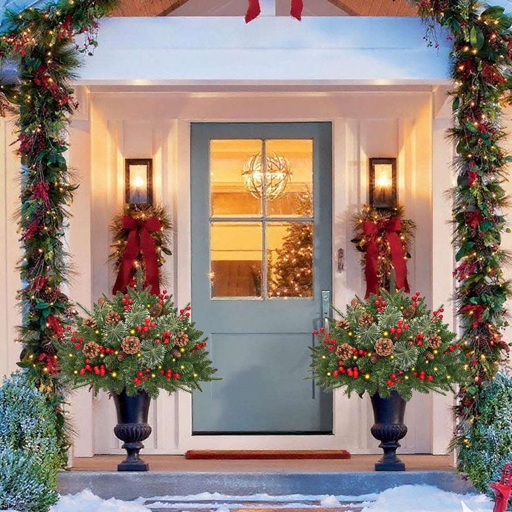 Outdoor Christmas Tree Urn Filler, Prelit Planter Bushes, 26 Inch Lighted Art...