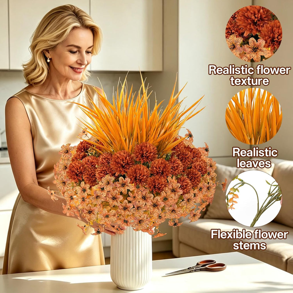 15 Bundles Artificial Mums for Outdoors, Faux Mums for Outdoor Planters