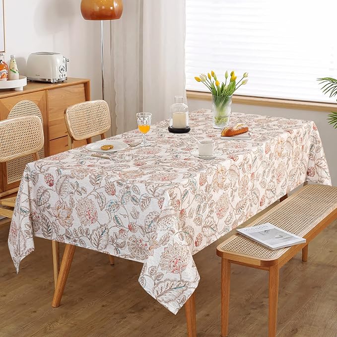MYSKY HOME 60x120 Rectangle Tablecloth Linen Farmhouse Tablecloth Waterproof Decorative Fabric Table Cloth for Indoor&Outdoor, Floral Brown Tablecloth for 4 Feet Table, Washable