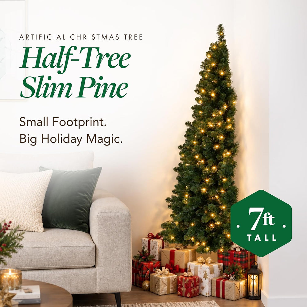 7ft Pre-Lit Christmas Tree – Artificial Half Pine with 150 Warm White LED Lig...
