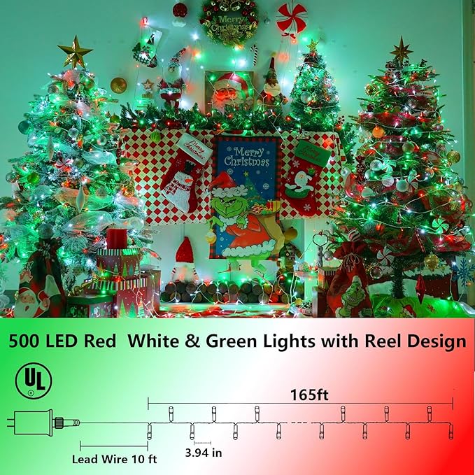 YEGUO 165ft 500 LED Christmas Lights Outdoor Waterproof, Clear Wire String Lights Indoor Plug in, 8 Modes Clear Wire Twinkle Tree Light for Xmas Party Garden(Red White and Green)