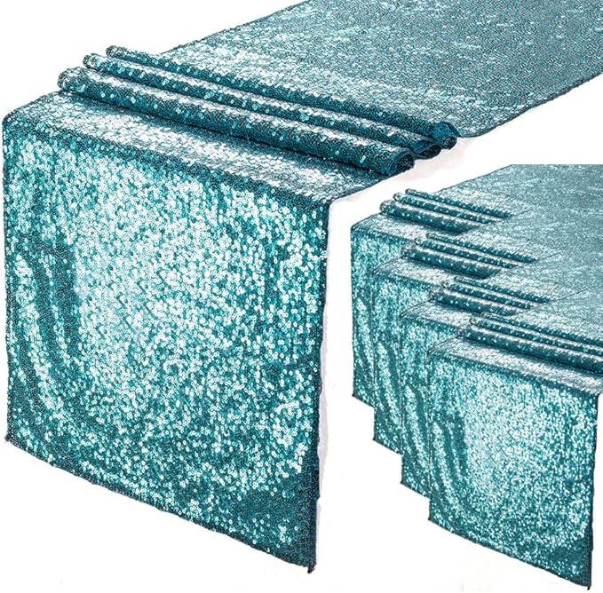 Eternal Beauty Teal Table Runner , 5PCS-12X108 Sequin Table Runner Decorations for Birthday Parties, Banquets, Graduations,Christmas