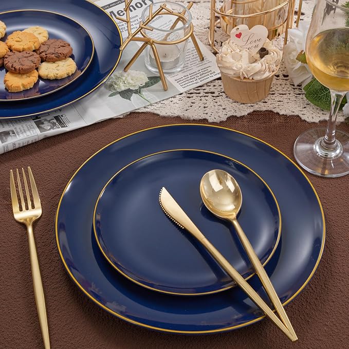 bUCLA 200PCS Blue Plastic Plates - Navy Blue Disposable with Gold Rim Include 100 Each (10 inch Dinner & 7 inch Dessert) Plates, Ideal for Party & Gathering
