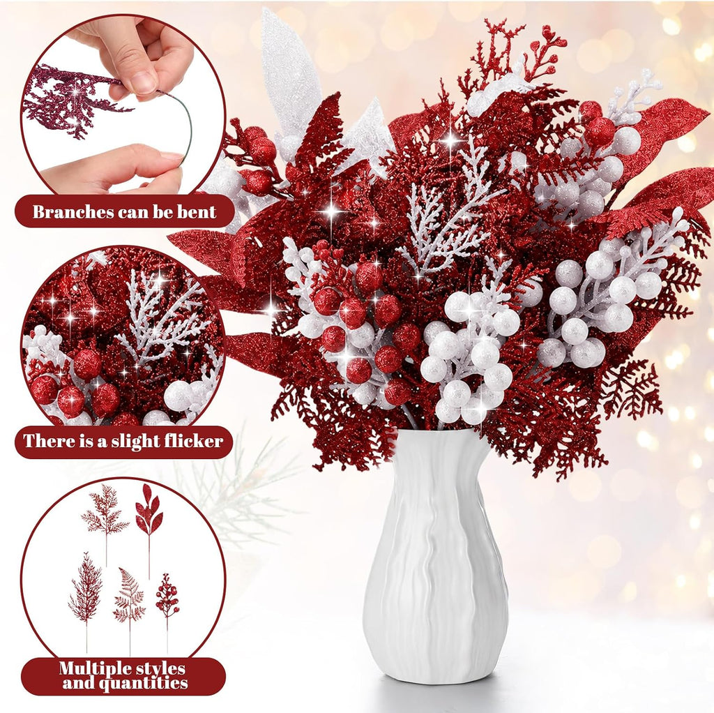 moucuny 75pcs christmas glitter picks, artificial stems, red, close-up detail