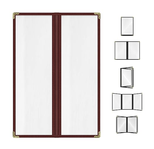 Goodsmart Restaurant Menu Covers - 25 Pack Burgundy 2 Pages / 4 Views 4.25" x 14", Top-Loading Vinyl Menu Holders with Clear Sleeves, Double-Stitched Edge, Leather-Style Café Covers with Gold Corners