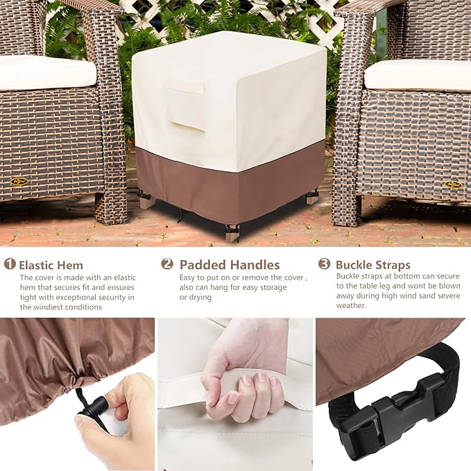 okcool Patio Wicker Side Table Cover,Waterproof Square Patio Small Side Table Cover,Suitable for 3-Piece Outdoor Wicker Patio Bistro Set Side Table,22W x 22D x 18H inch,Beige & Brown