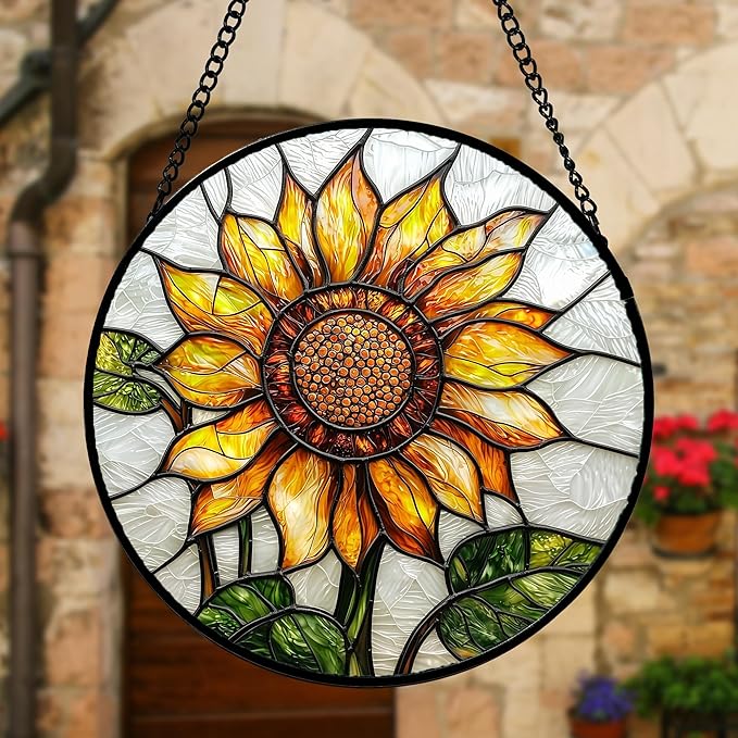Stained Glass Window Hanging - Sunflower Flower Suncatcher Ready to Hang Window Doors Home Decoration and Christmas, Mother's Day Birthday Gifts for Women, Men, and Mom 11.8x11.8 in