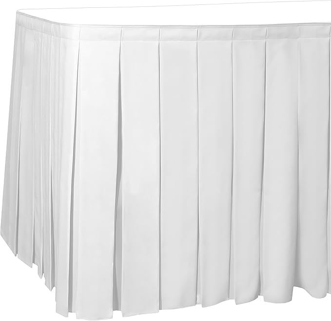 Ultimate Textile Pleat Polyester Fabric Table Skirt - Machine Washable Flame Resistant with Clips for Events, Weddings & Trade Shows, Cut & Sewn in Paterson, NJ - White, 14' Box Pleat