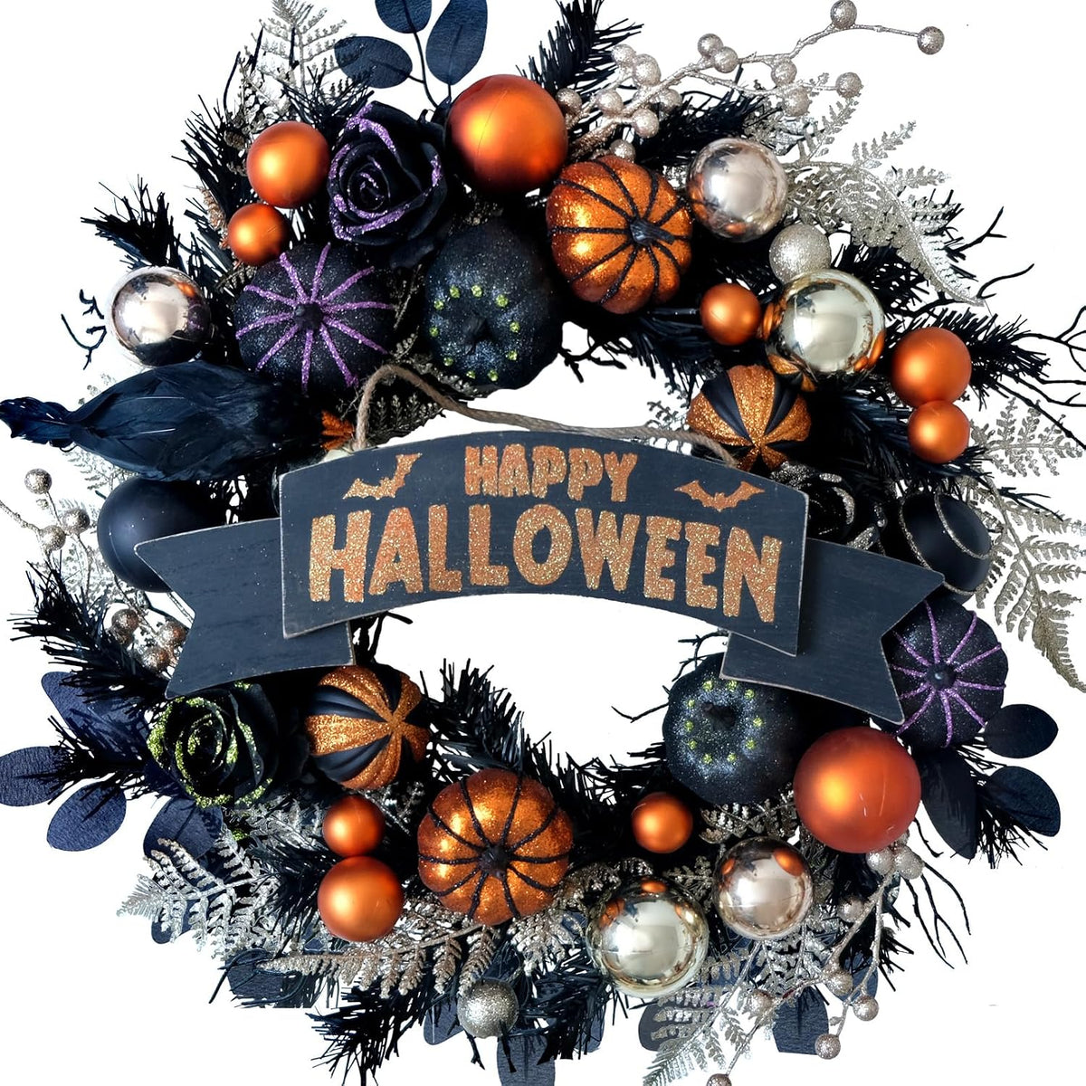 24“ Halloween Black Glitter Pumpkin with Balls Wreath for Front Door