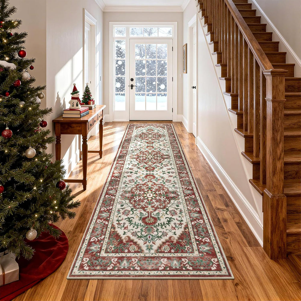 2' x 8' Christmas Hallway Runner Rug, Non Slip Accent Rug, Red