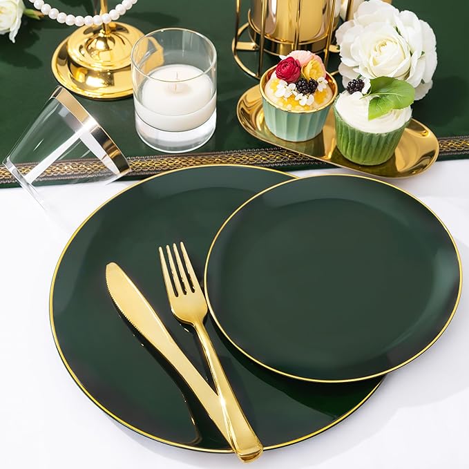 NOCCUR 350PCS Green Plastic Plates - Disposable Green Gold Dinnerware Set for 50 Guests, 100 Dinner/Dessert Plates, 150 Gold Silverware, 50 Cups&50 Napkins for Party/Wedding/Birthday/Christmas