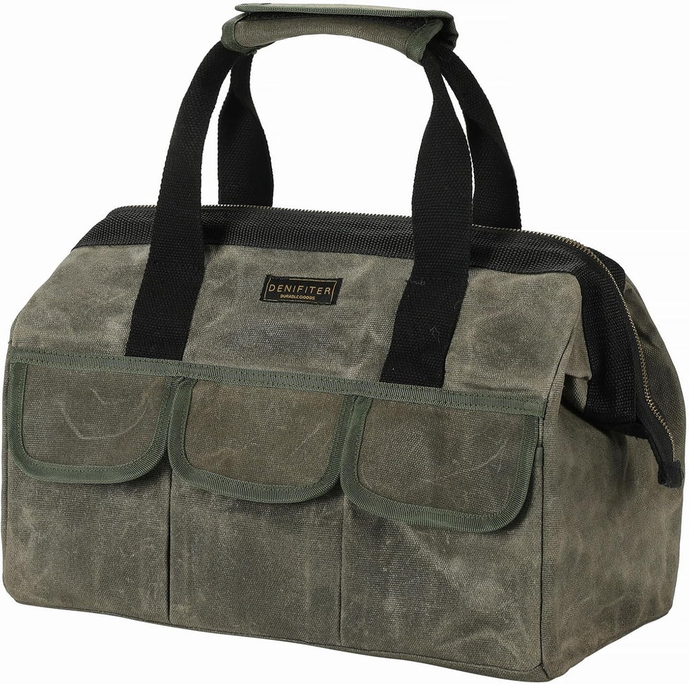 15 Inch Tool Bag, Heavy Duty Waxed Canvas Wide Mouth Water-Resistant Tool Pou...