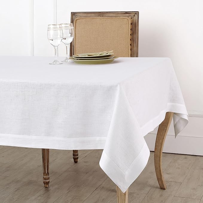 Solino Home Linen White Square Tablecloth 52 x 52 Inch - 100% Pure Linen Table Throw - Fete, Machine Washable Table Cloth for Fall, Autumn, Halloween, Thanksgiving, Christmas, Holiday