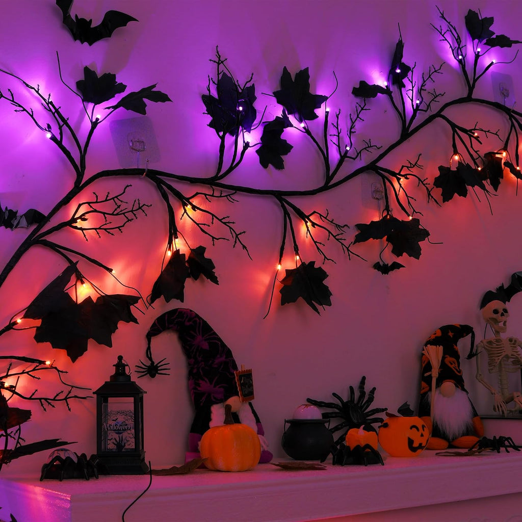 9 FT 72 LED Willow Vine Twig Decor Black Halloween Garland with Orange & Purple Lights, 8 Modes & Timer Waterproof Battery Operated for Home Fireplace Mantle Wall Office Indoor Halloween Decorations
