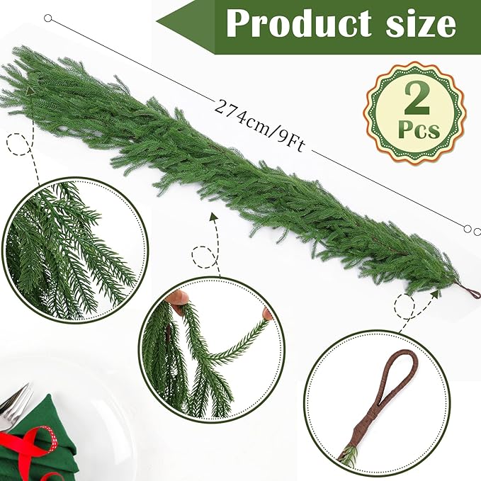 Hananona 2 Pcs 9 Ft Artificial Norfolk Pine Garlands, Real Touch Winter Pine Garland, Green Artificial Greenery Garland for Table, Mantle, Wall, Indoor, Outdoor Christmas Decorations (2, 9 Ft)