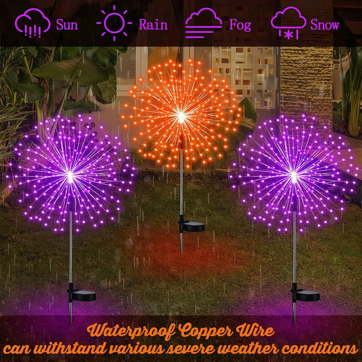 Tujoe 4 Pack Halloween Solar Firework Lights Decoration Orange, Purple