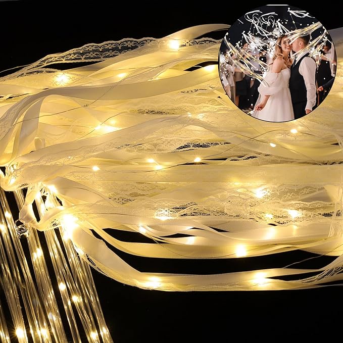 100 Pcs Wedding Wands Ribbon with 3 Colorful Flashing Modes, Light up LED Silk Fairy Wands, Glow Lace Stick with Bells for Wedding Reception, Graduation, New Year, Birthday Party (Warm White)