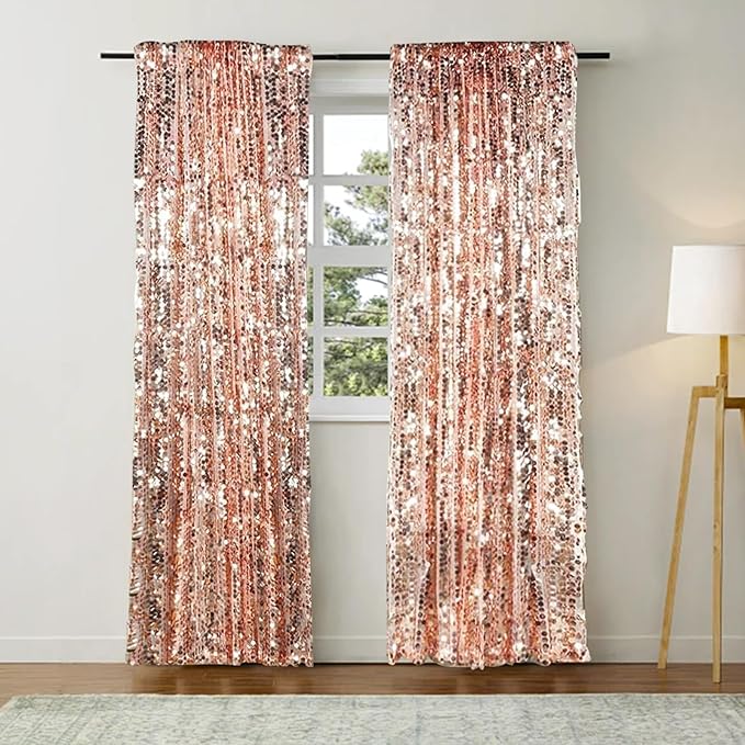 Big Sequin Rose Gold Drapes Curtains Panels Payette Sequin Backdrop Curtains Home Party Decoration Supplies 9FTx9FT for Thanksgiving Christmas Decor