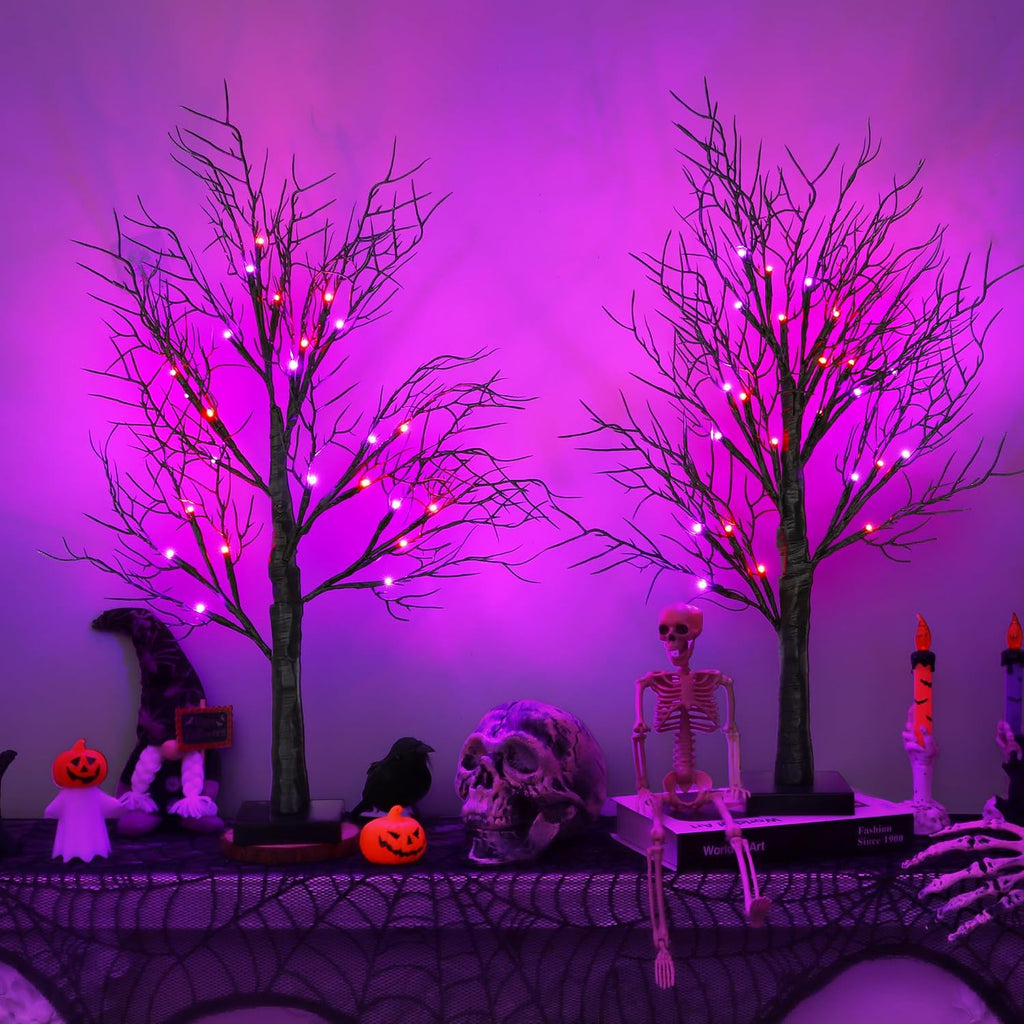 [Timer] 2 Pack Halloween Decorations Indoor, 24 Inch Lighted Black Halloween Tree with 24 Orange & Purple Lights, USB or Battery Powered Spooky Tabletop Tree for Home, Party, Fireplace & Holiday Decor