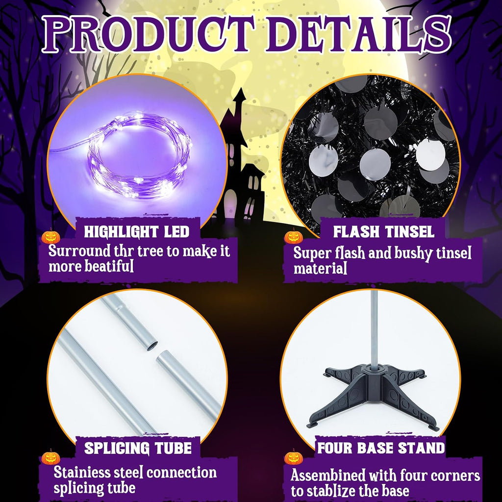shappy 3 pcs 4/5/6 ft black tinsel halloween showing dimensions