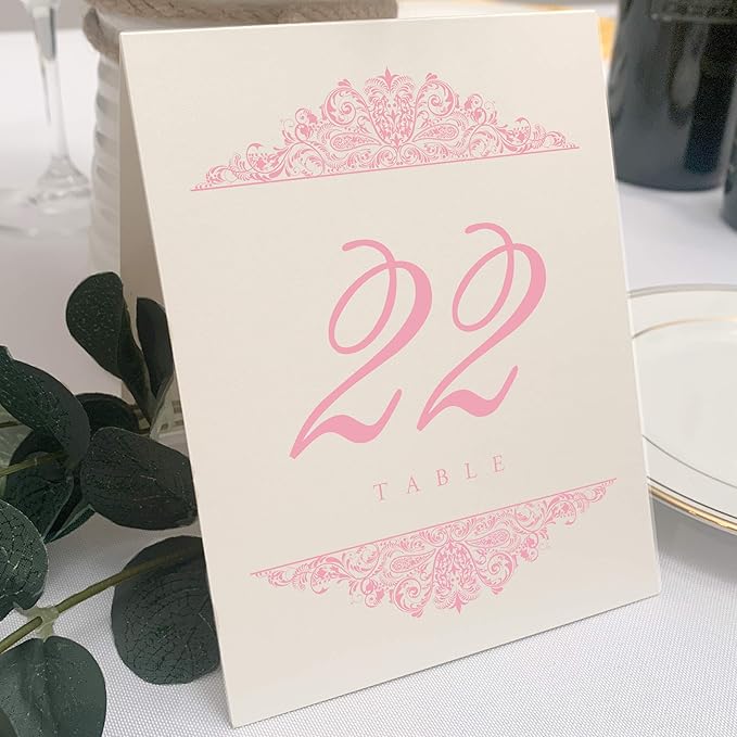 Paisley Wedding Table Numbers (Select Color/Quantity), Champagne, Pink, 1-20, Double Sided, Tent or Use in a Stand, Great for Parties & Restaurants - Made in the USA