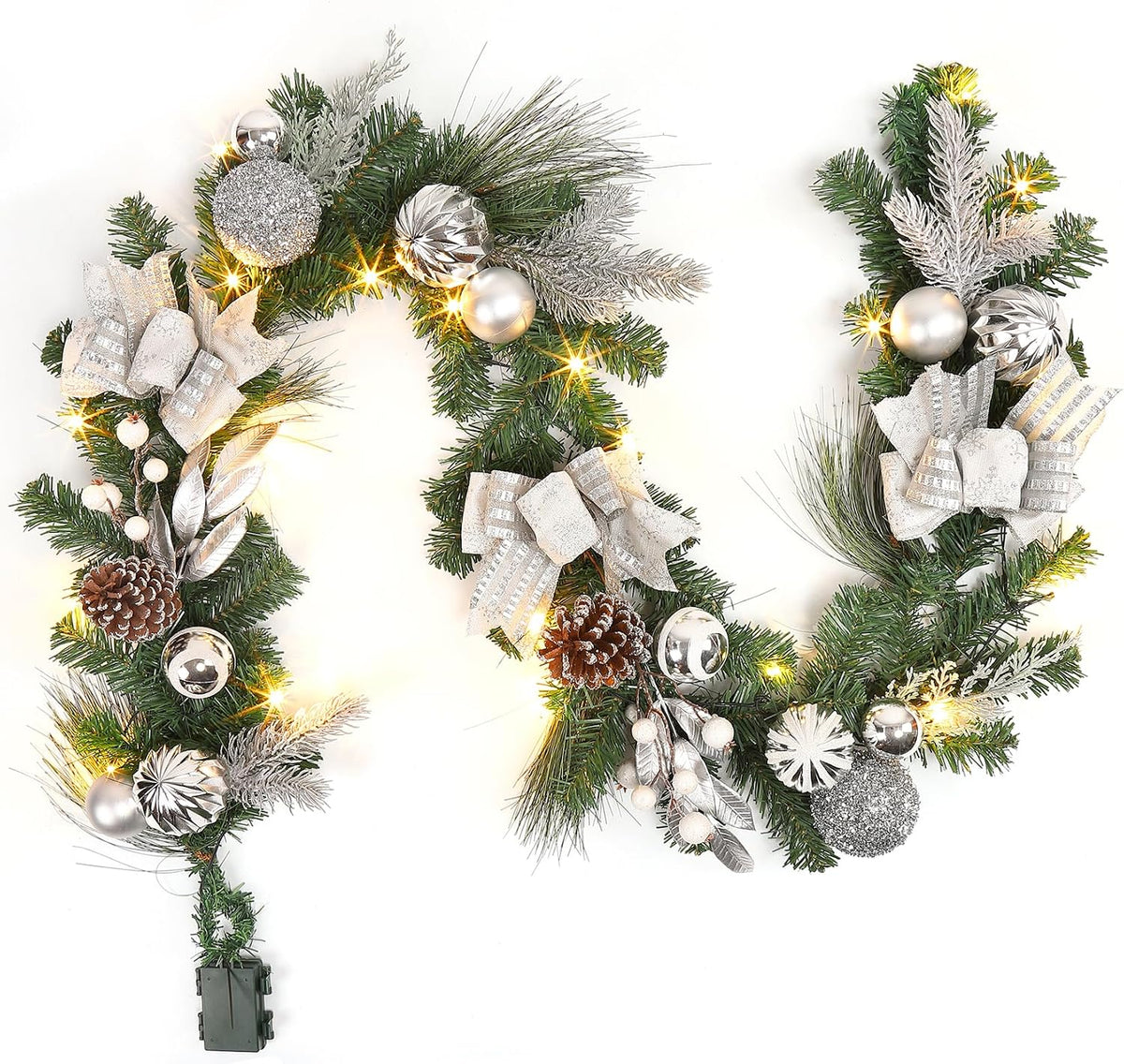 6FT Christmas Garland with Lights, Xmas Battery Operated Artificial Rattan with Classic Silver Decorations, Xmas Garland for Home Indoor Fireplace Mantle Outdoor Decor, Silver