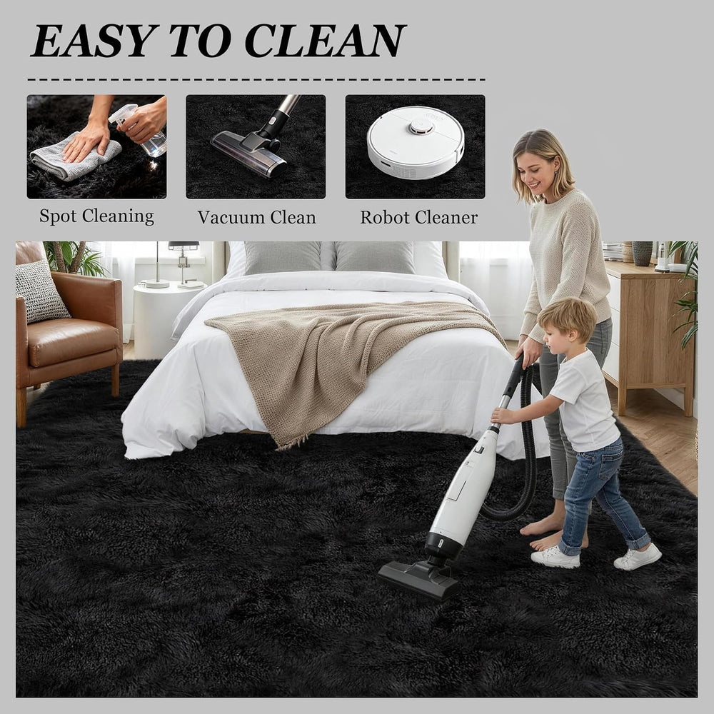 8x10 Area Rug Living Room Bedroom: Fluffy Plush Shag Carpet Black