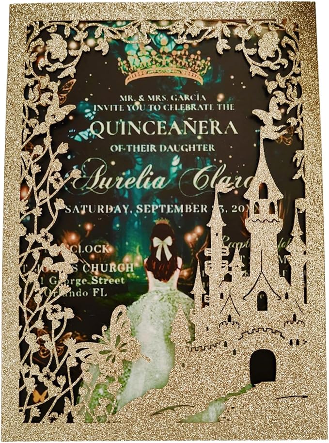 20PCS Castle Pocket Invitations, Quinceanera Invitations with Envelopes, Princess Invitation, Laser Cut quince invites (glitter light gold)