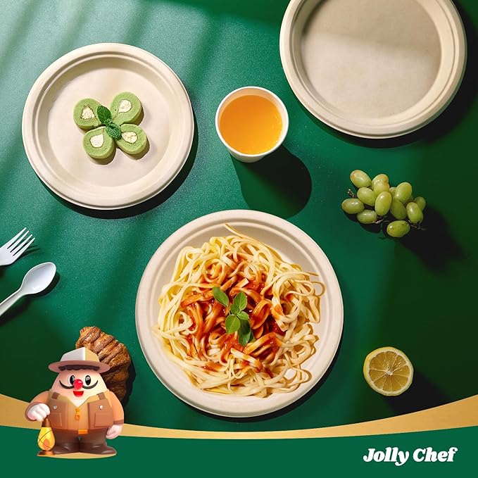 JOLLY CHEF Compostable Heavy Duty Plates 𝟭𝟬 𝗜𝗻𝗰𝗵 [𝟯𝟬𝟬 𝗣𝗮𝗰𝗸] Eco-Friendly Disposable Paper Plates Made of Bagasse Biodegradable Bulk for Party Dinner Sugarcane Fibers Round (Natural) (300 Pack)