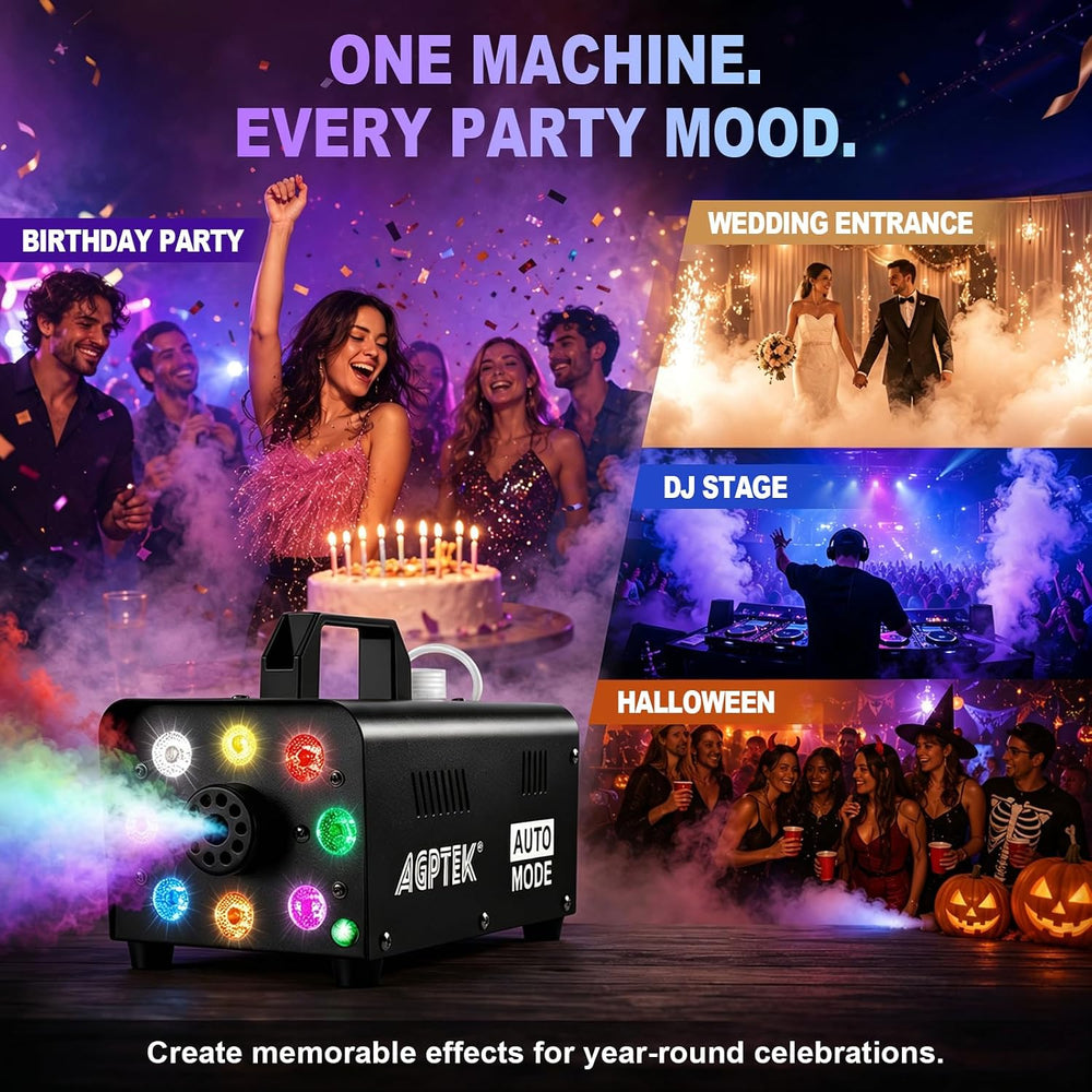 AGPTEK Fog Machine, 500W RGB LED Smoke Machine, Low Fluid Auto Shutoff