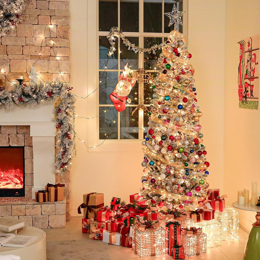 Hykolity 6 ft Pencil Prelit Christmas Tree with Snow Flocked Branches, 200 Wa...