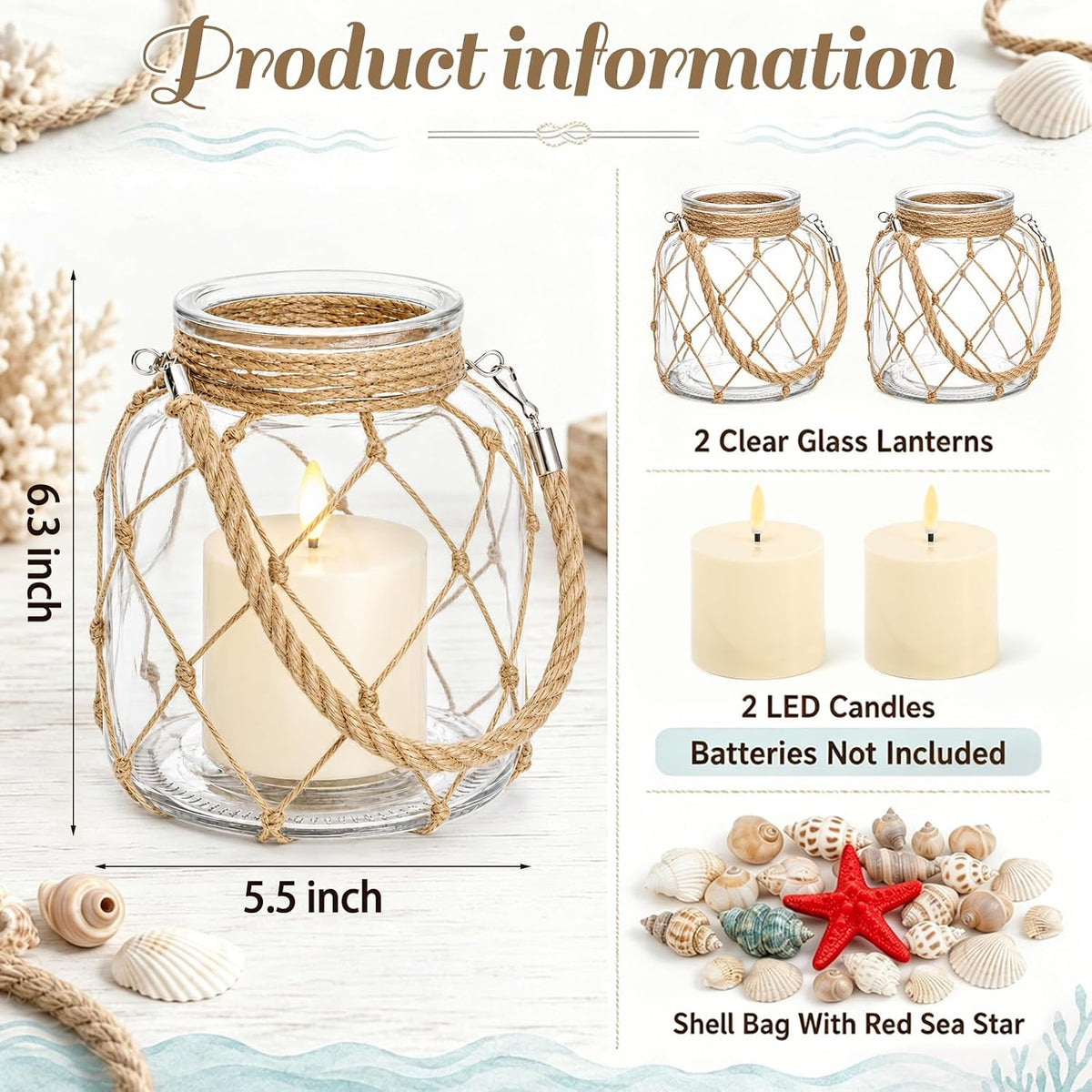 2 Set of Nautical Candle Lanterns, Clear Glass Jar Coastal Decor with Rope Handle, LED Candles, Shells, Red Sea Star for Beach House Decor, Bathroom Table Centerpiece, Wedding Party