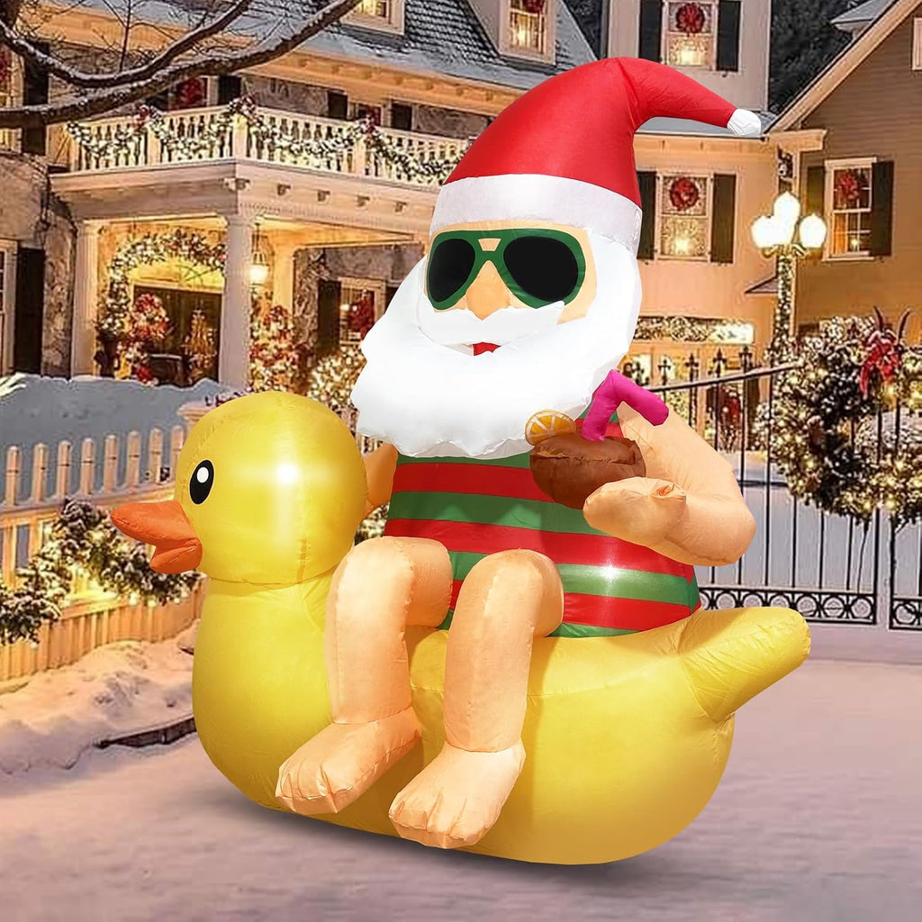 Christmas Inflatable Outdoor Decoration Blow Up 4.5ft Hawaii Santa take Coco Drink Inflate Xmas Decor Cute Blow Up Duck Santa Claus with LED for Outside Yard Garden Lawn Party Decor