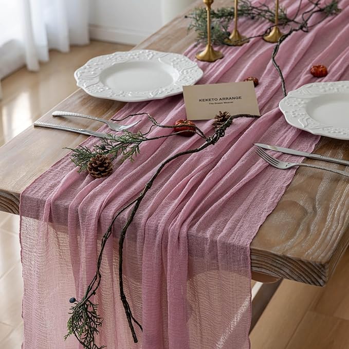 3pcs Cheesecloth Table Runner Dusty Rose Gauze 120 Inch 10 FT Rustic Boho Cheese Cloth Runner for Wedding Baby Shower Bridal Shower Party Long Sheer Centerpiece Fall Home Decoration